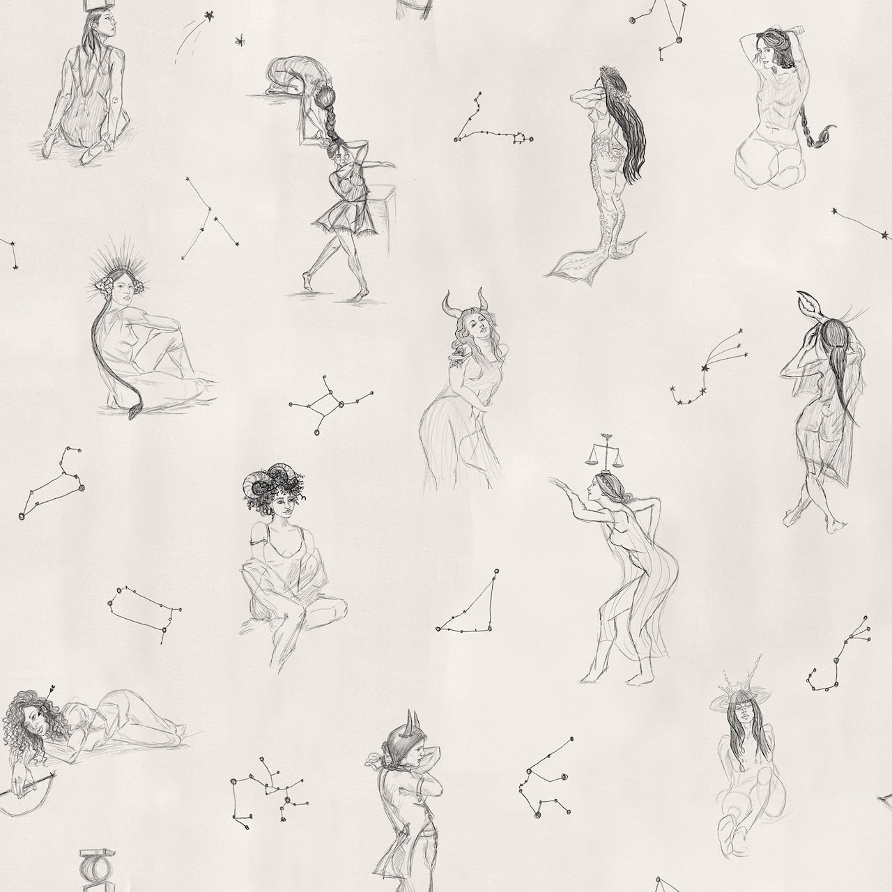 Mr. Kate Luna Zodiac Cream & Graphite Toile Peel & Stick Wallpaper